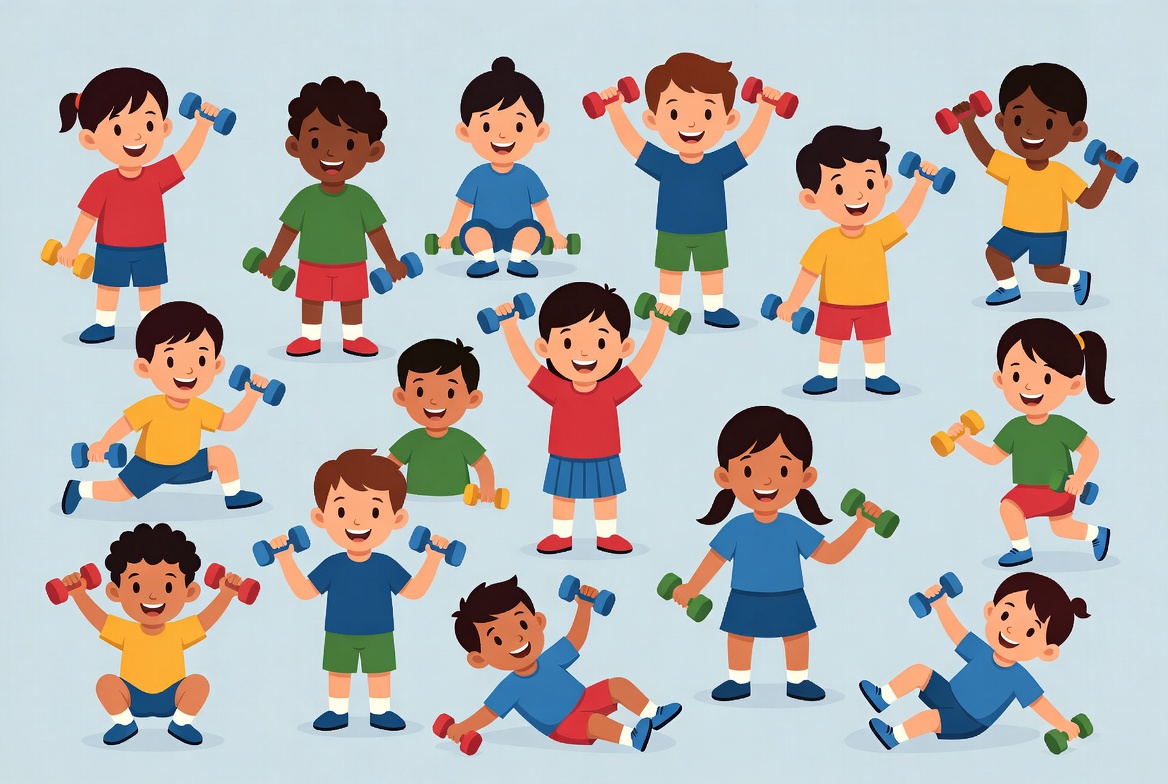 Cartoon kids exercising with dumbbells Cartoon kids exercising with dumbbells