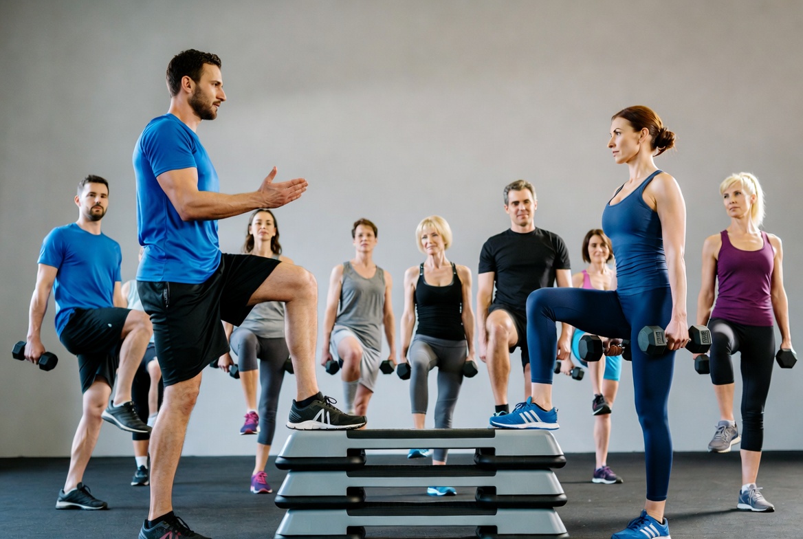 Fitness instructor leading step aerobics class Fitness instructor leading step aerobics class