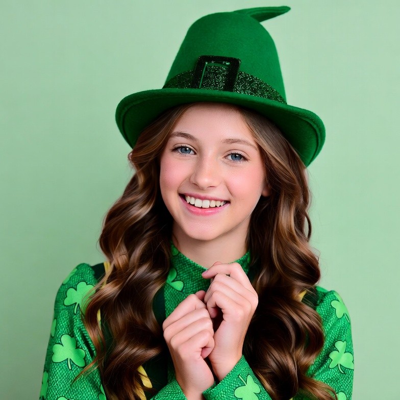 Girl in green leprechaun hat smiling Girl in green leprechaun hat smiling