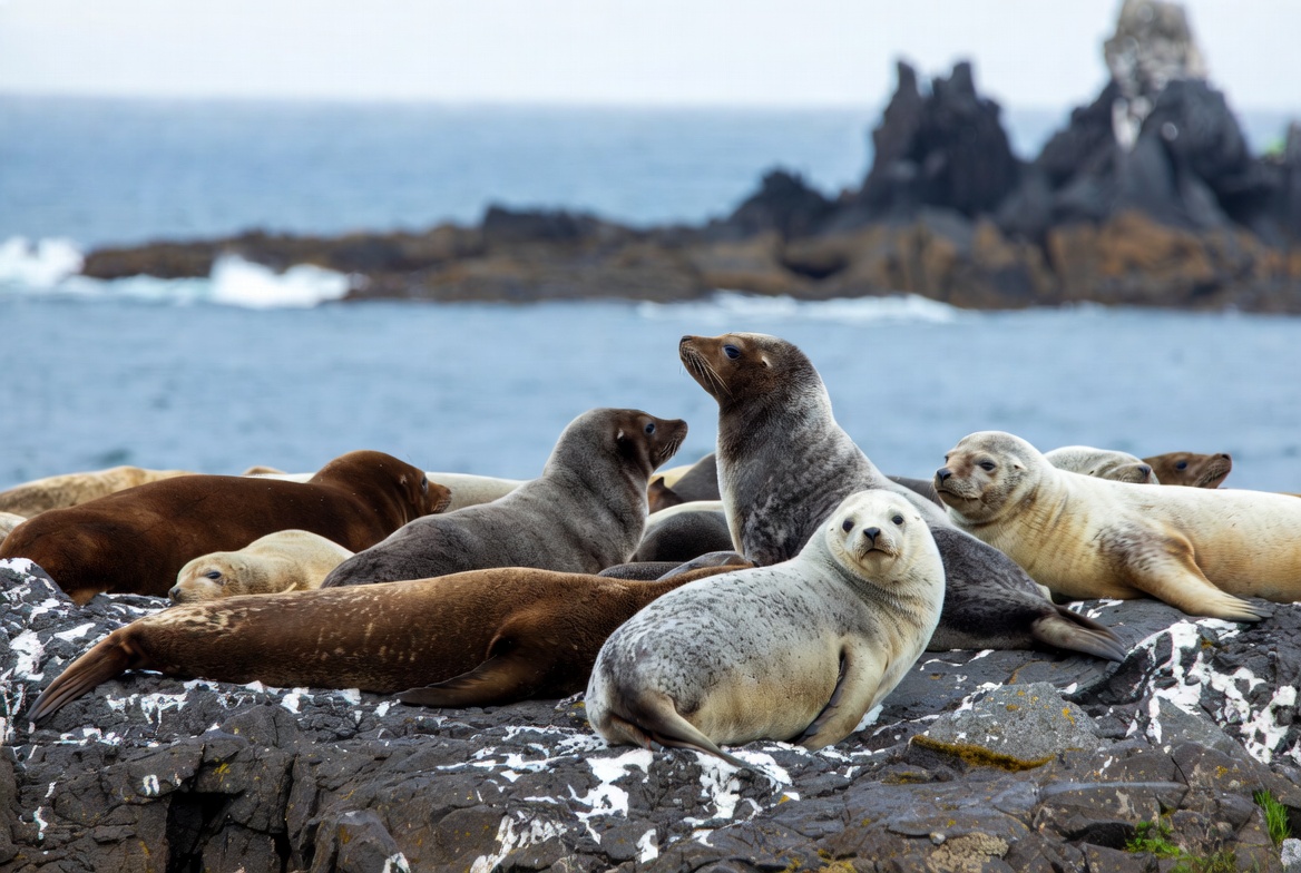 Fur seals lounging on rocky ocean shore Fur seals lounging on rocky ocean shore