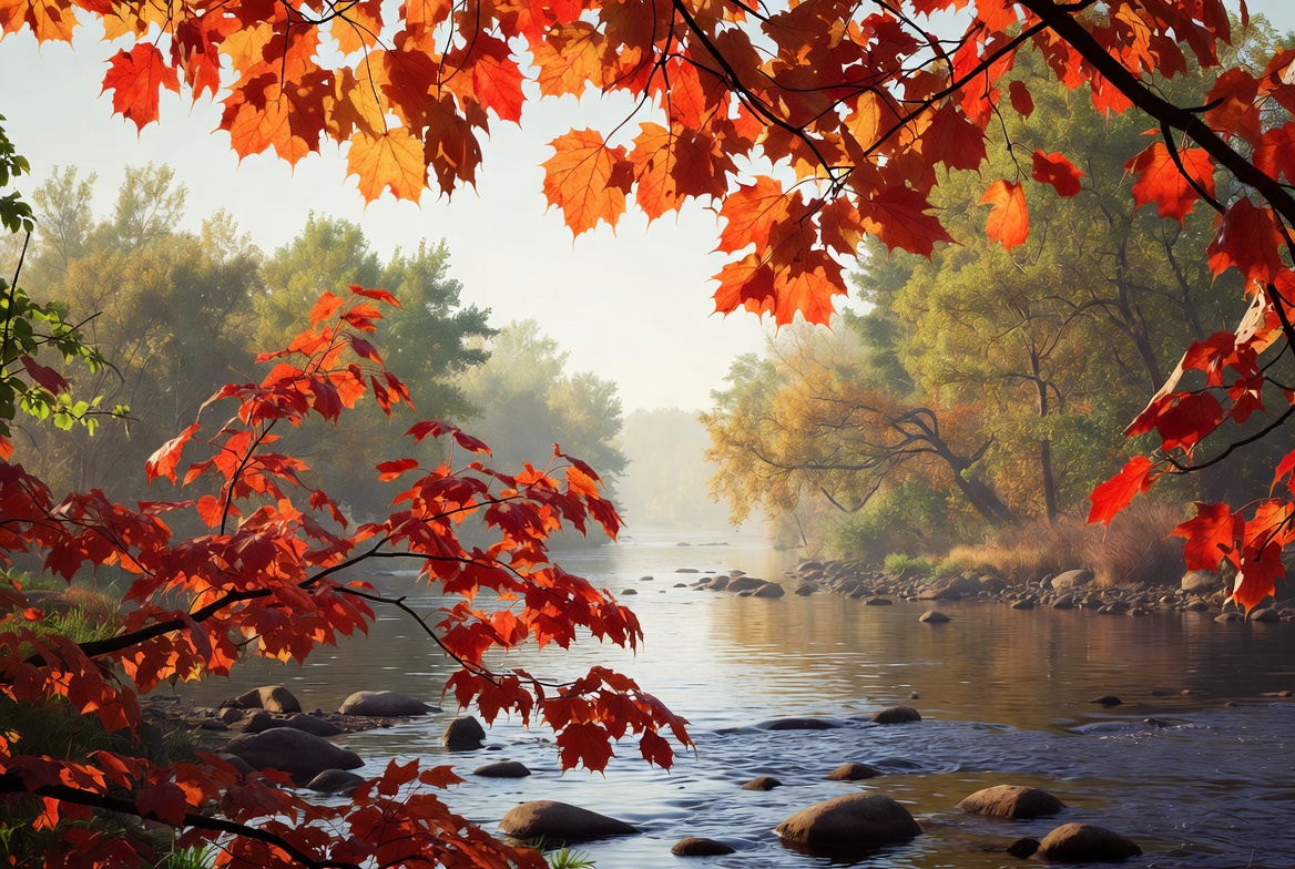 Autumn River with Red Maple Leaves Autumn River with Red Maple Leaves