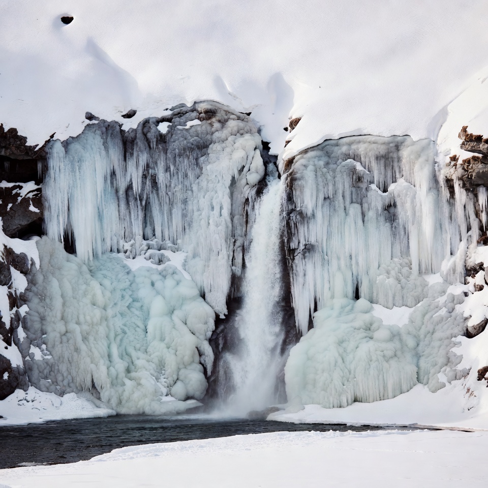Frozen Waterfall in Snowy Landscape Frozen Waterfall in Snowy Landscape