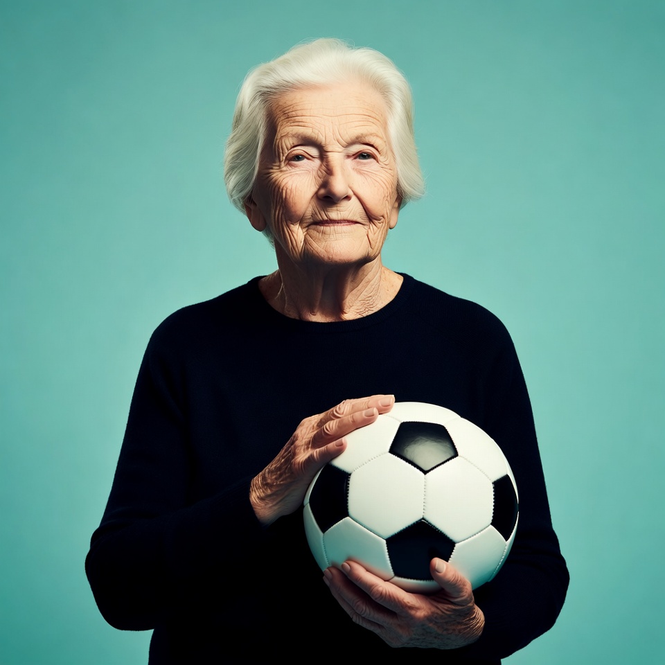 Elderly woman holding soccer ball Elderly woman holding soccer ball