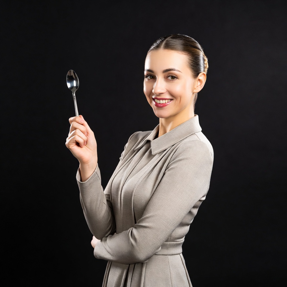 Woman holding spoon on black background Woman holding spoon on black background