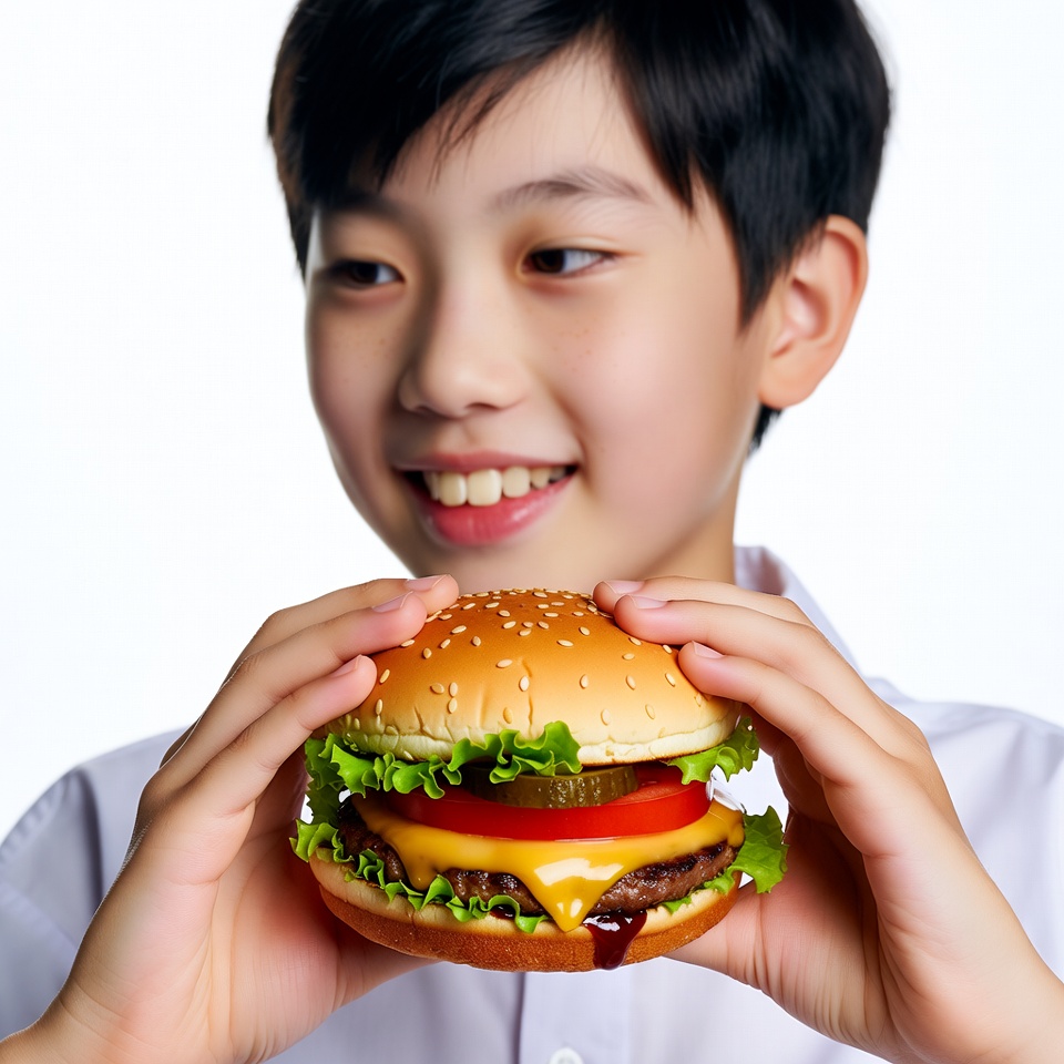 Asian boy holding burger Asian boy holding burger