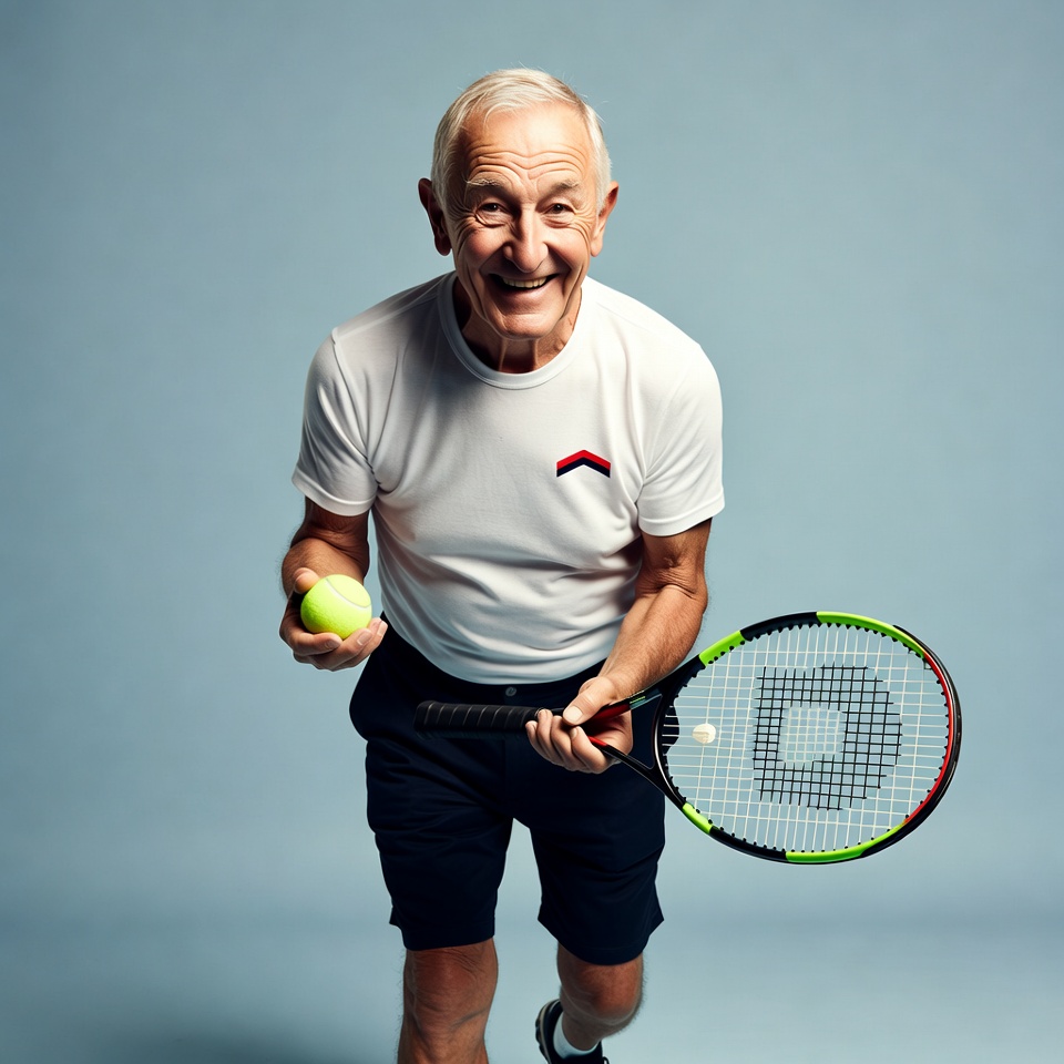 Elderly man holding tennis racket and ball Elderly man holding tennis racket and ball
