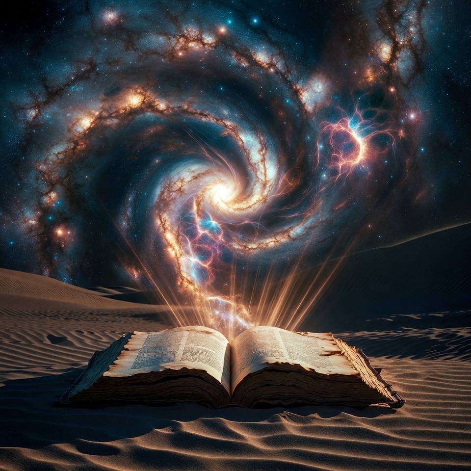Open Ancient Book in Desert Galaxy Open Ancient Book in Desert Galaxy