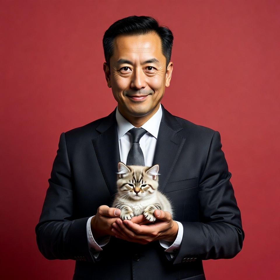 Asian man holding kitten in suit Asian man holding kitten in suit