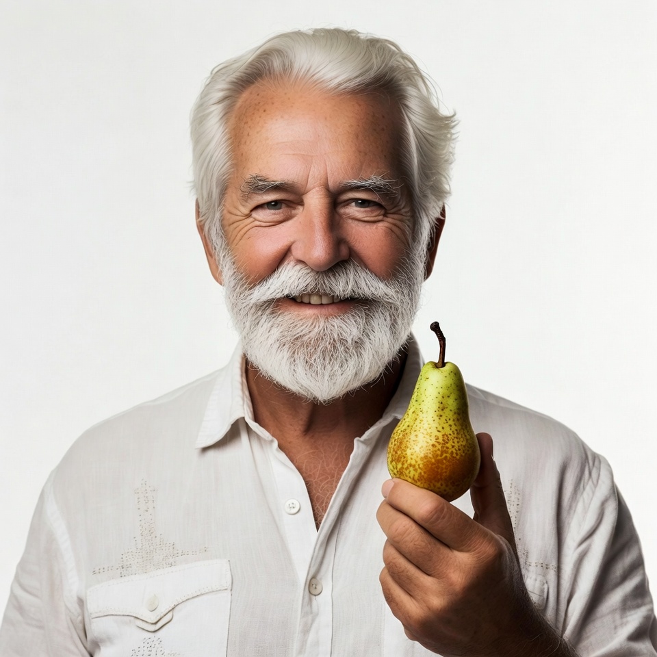 Elderly man holding green pear Elderly man holding green pear