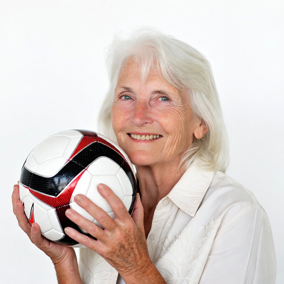 Elderly woman holding soccer ball Elderly woman holding soccer ball