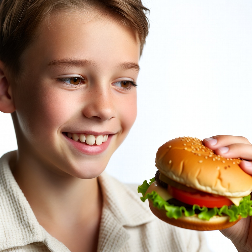 Boy holding burger smiling Boy holding burger smiling