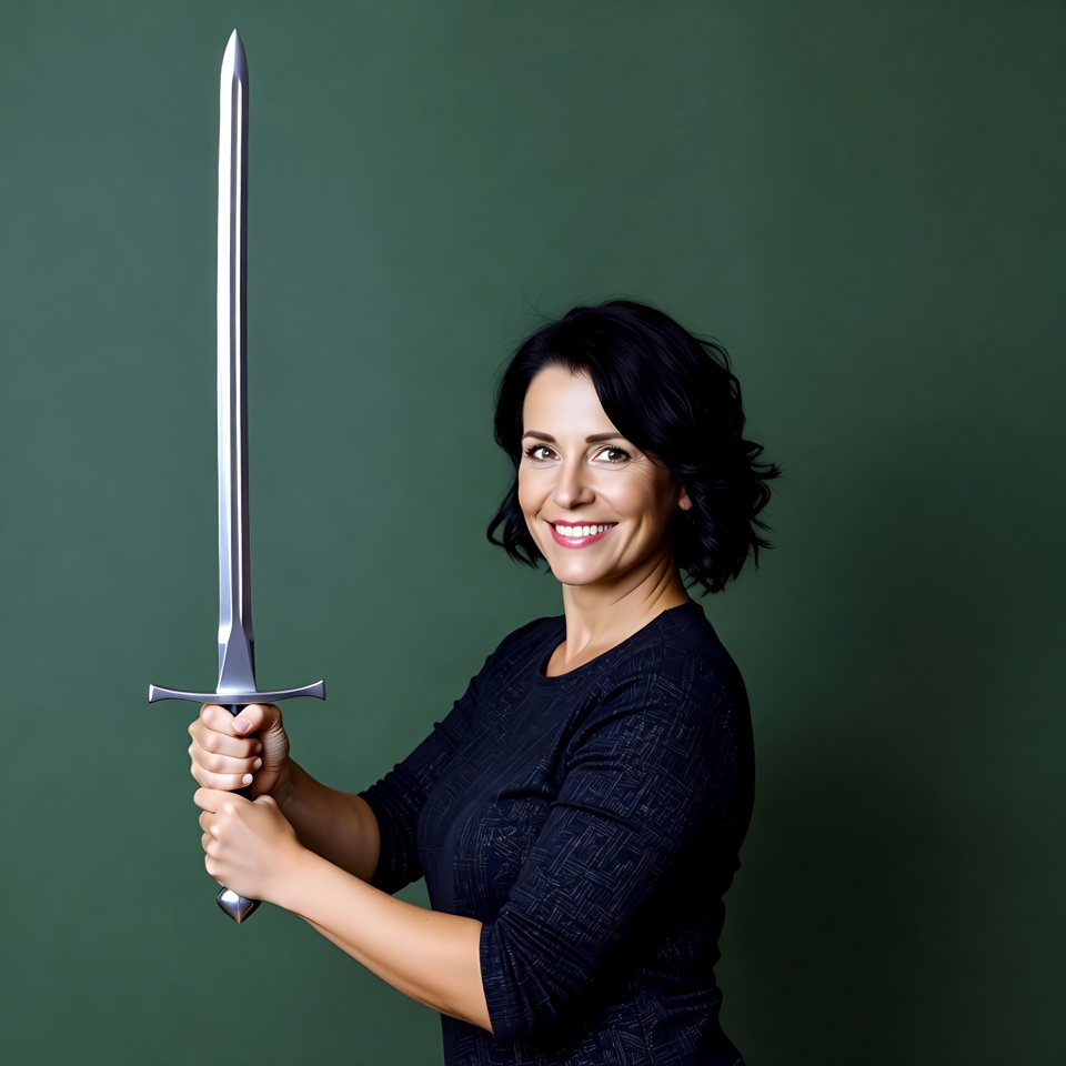 Woman holding silver sword Woman holding silver sword