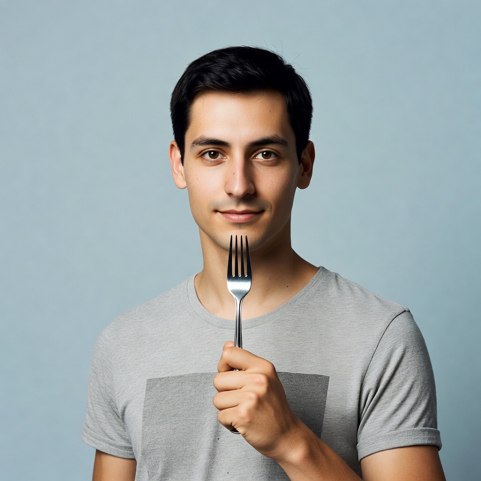 Young man holding fork Young man holding fork