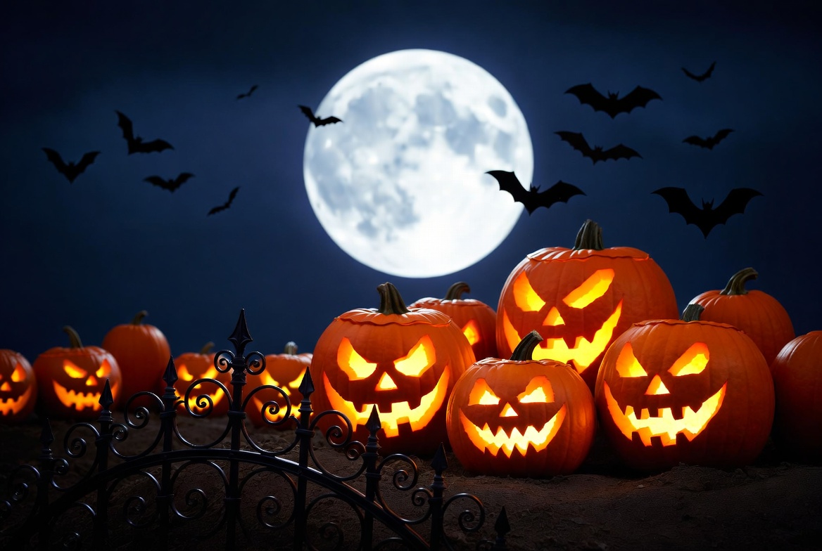 Jack-o-lanterns with moon and bats Jack-o-lanterns with moon and bats