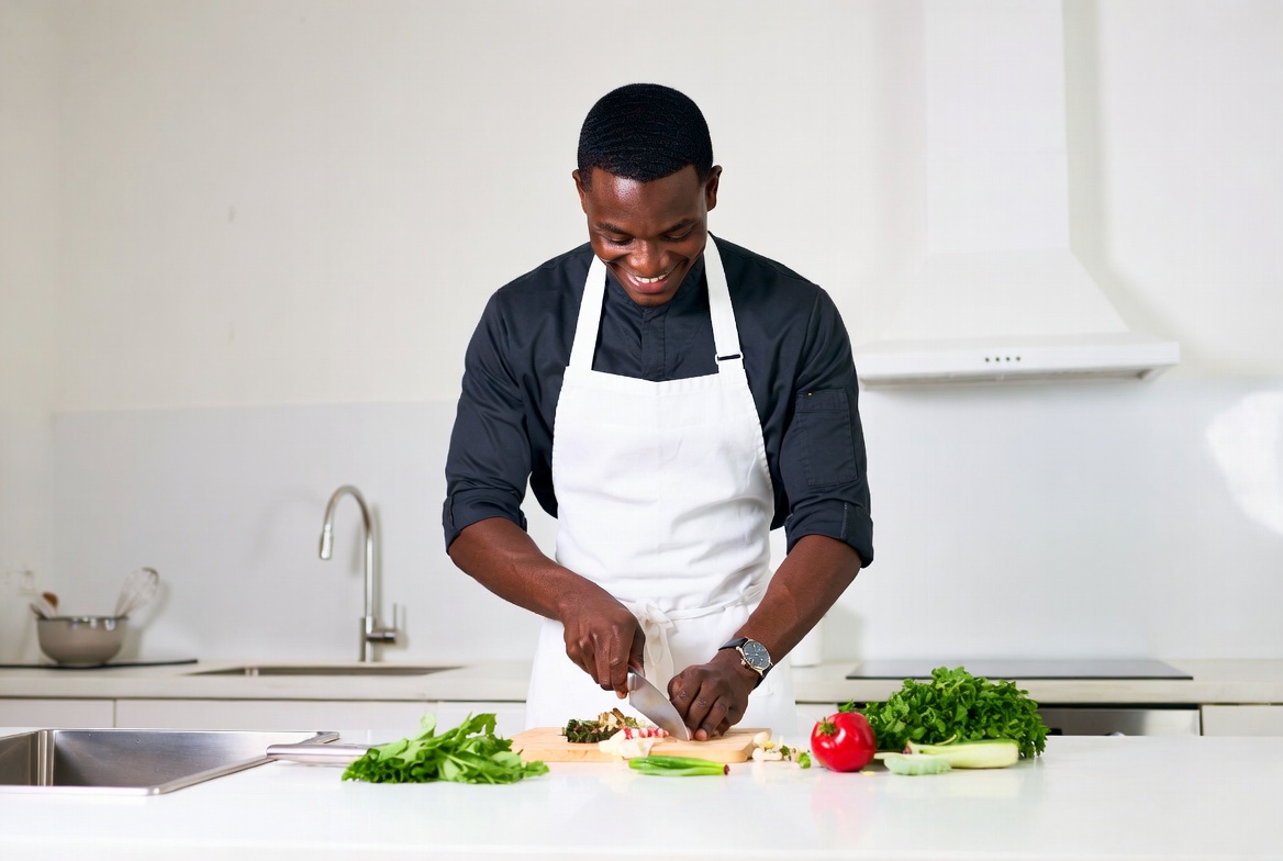African-American man chopping vegetables African-American man chopping vegetables