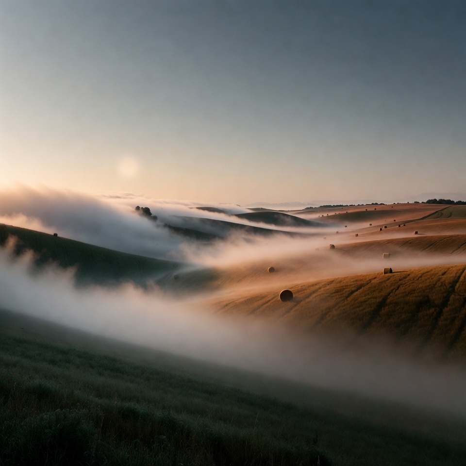 Hay bales in foggy rolling hills Hay bales in foggy rolling hills