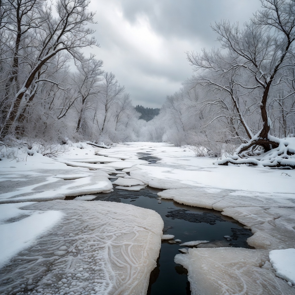 Frozen River in Snowy Forest Frozen River in Snowy Forest
