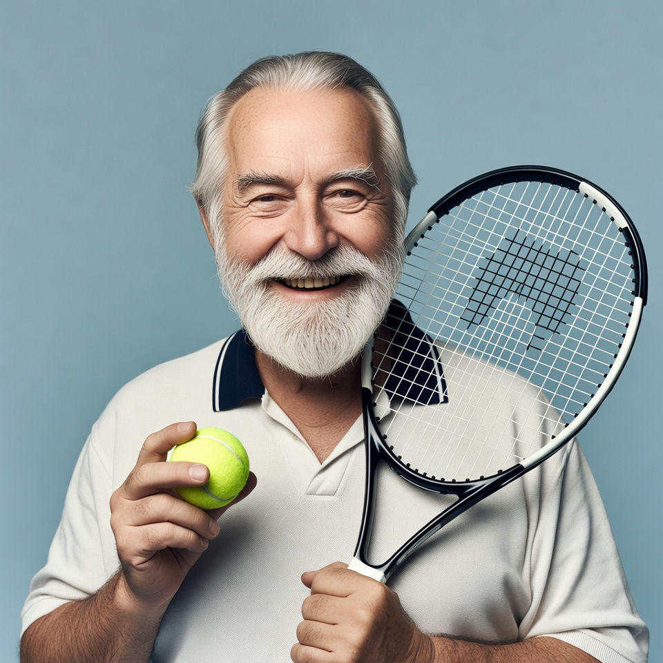 Elderly man holding tennis racket and ball Elderly man holding tennis racket and ball