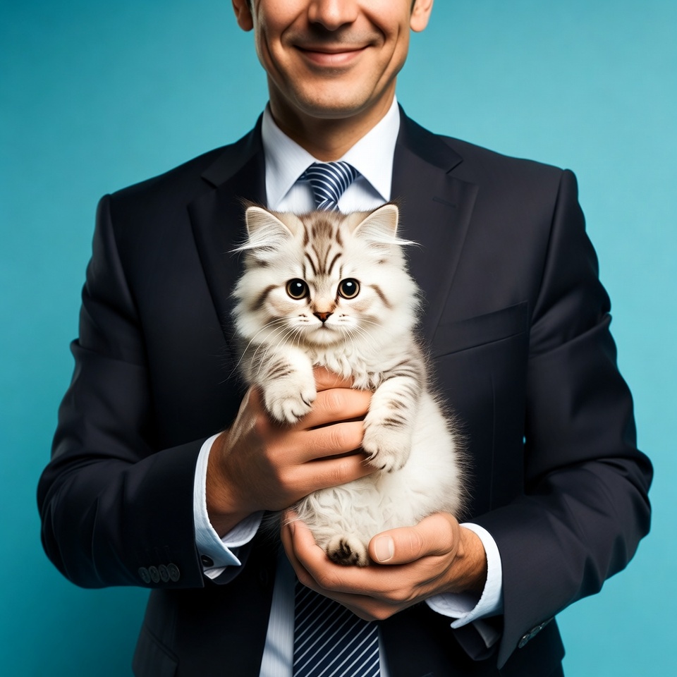 Man holding cute kitten in suit Man holding cute kitten in suit