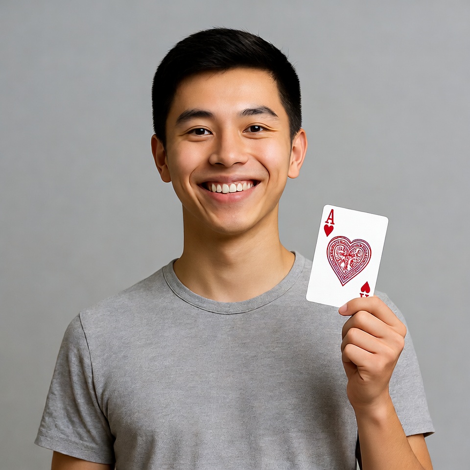 Asian man holding ace of hearts Asian man holding ace of hearts