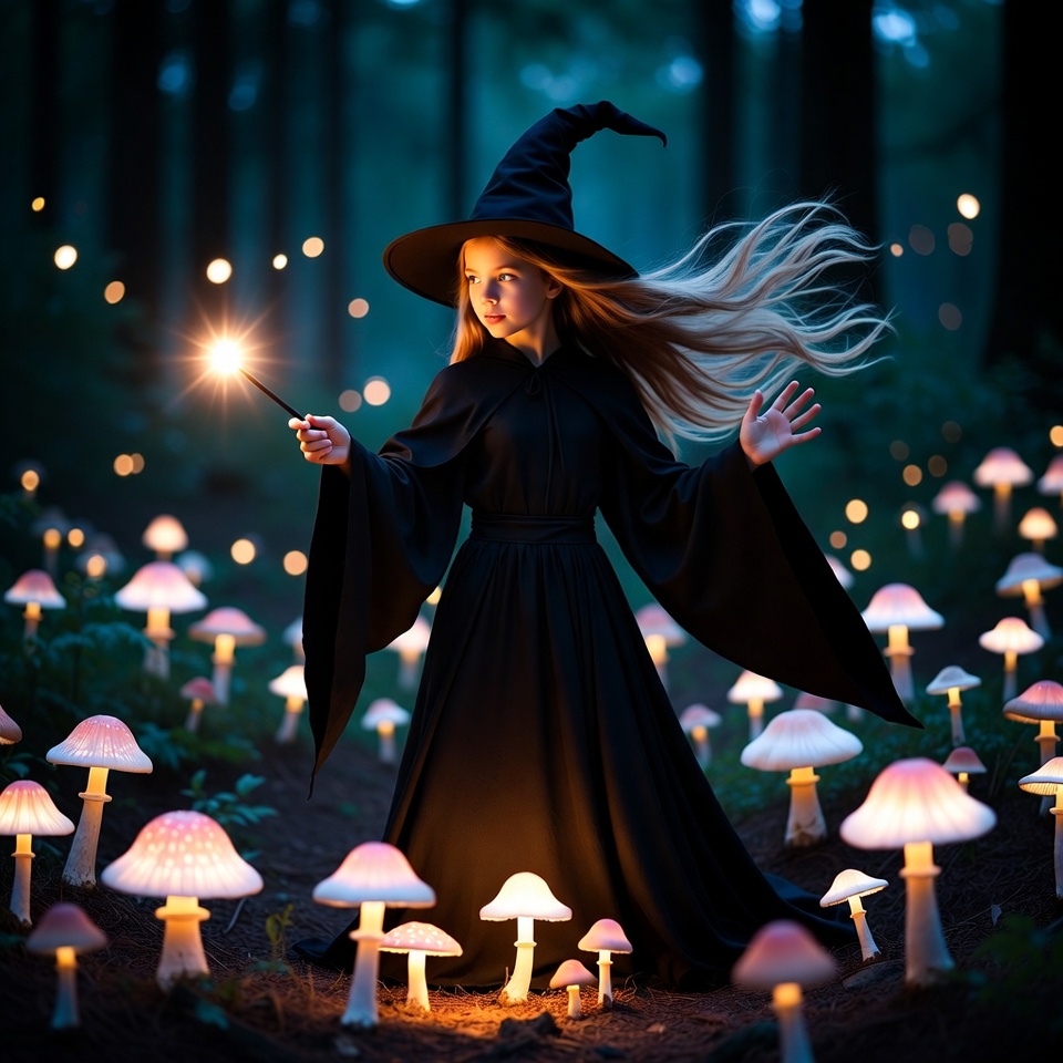 Girl casting spell with wand in enchanted forest Girl casting spell with wand in enchanted forest