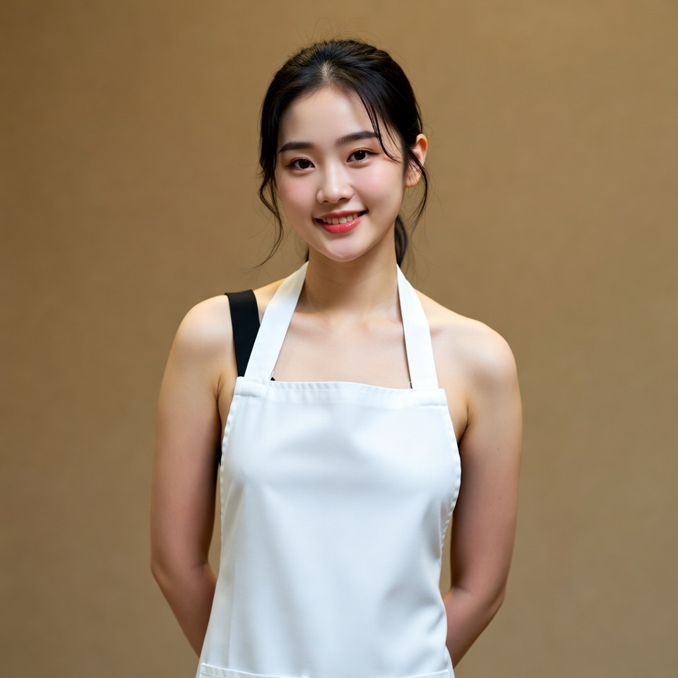 Asian woman wearing white apron Asian woman wearing white apron