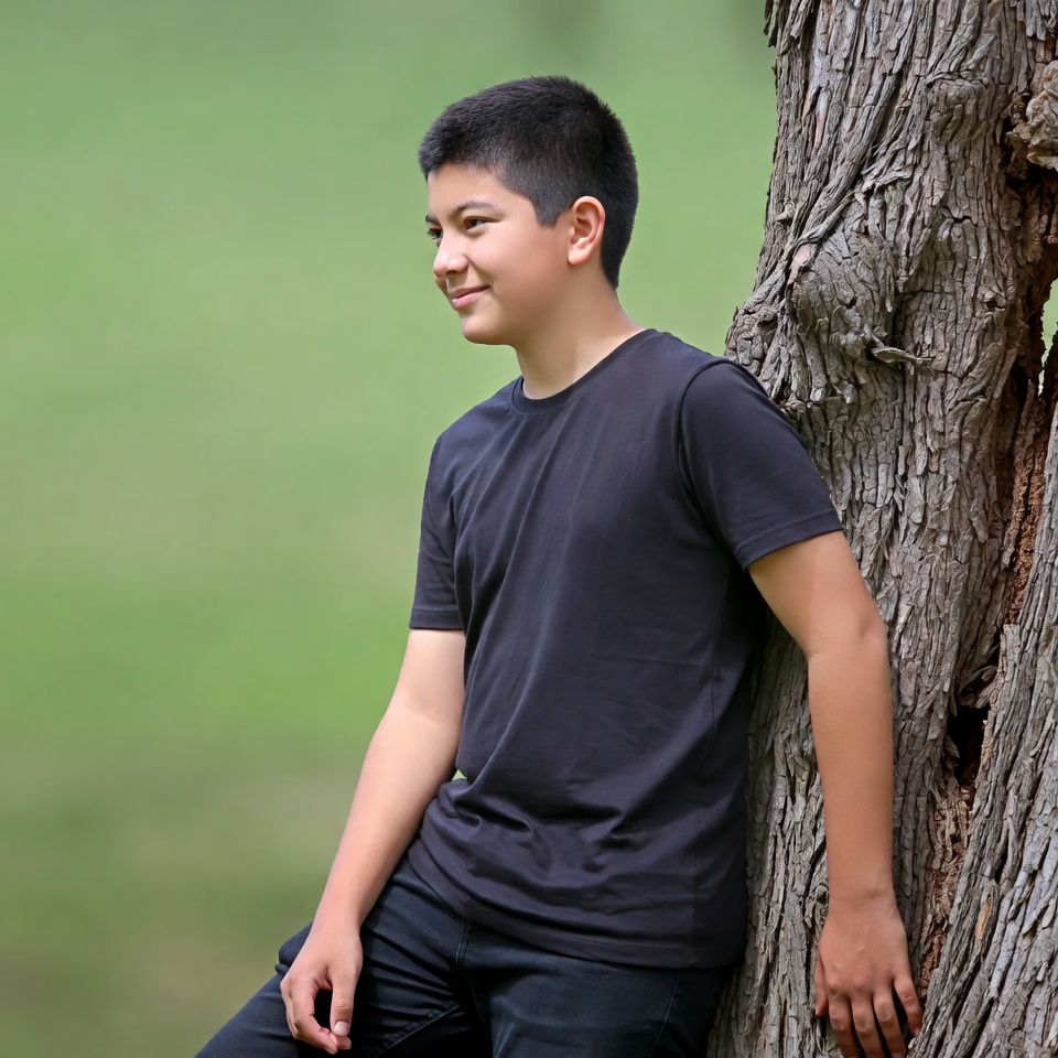 Asian boy leaning against tree Asian boy leaning against tree