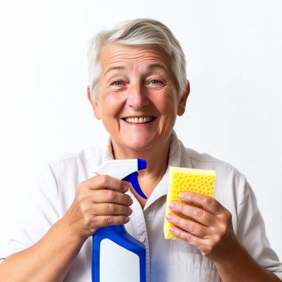 Elderly woman holding spray bottle and sponge Elderly woman holding spray bottle and sponge