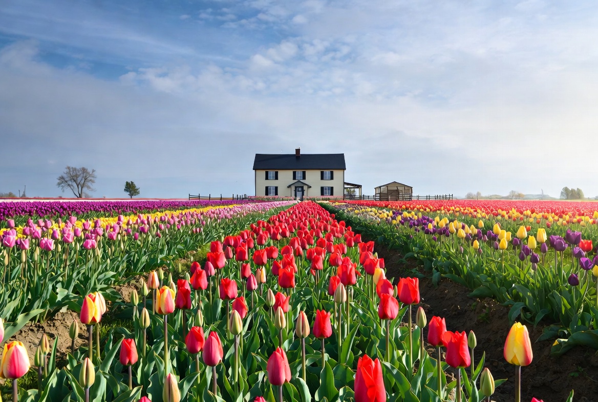 White farmhouse amid tulip fields White farmhouse amid tulip fields
