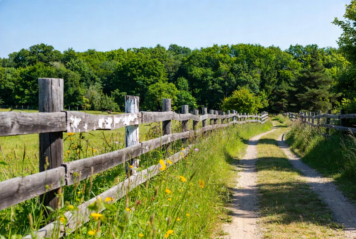 Wooden fence along grassy path Wooden fence along grassy path