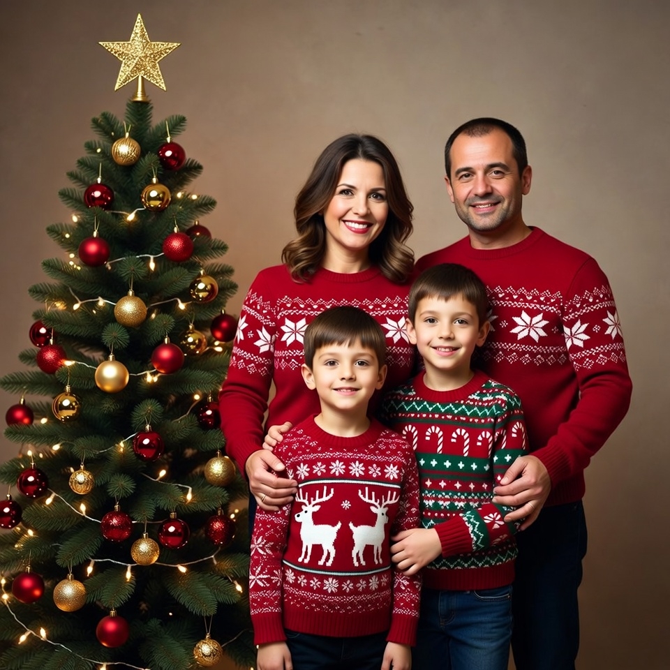 Family in Matching Christmas Sweaters by Tree Family in Matching Christmas Sweaters by Tree