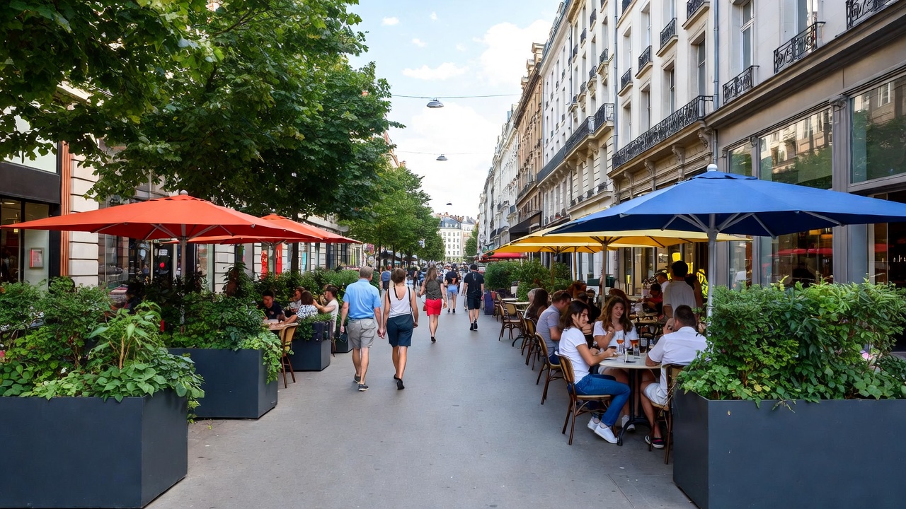 Busy Paris Street Cafe with Patrons Busy Paris Street Cafe with Patrons