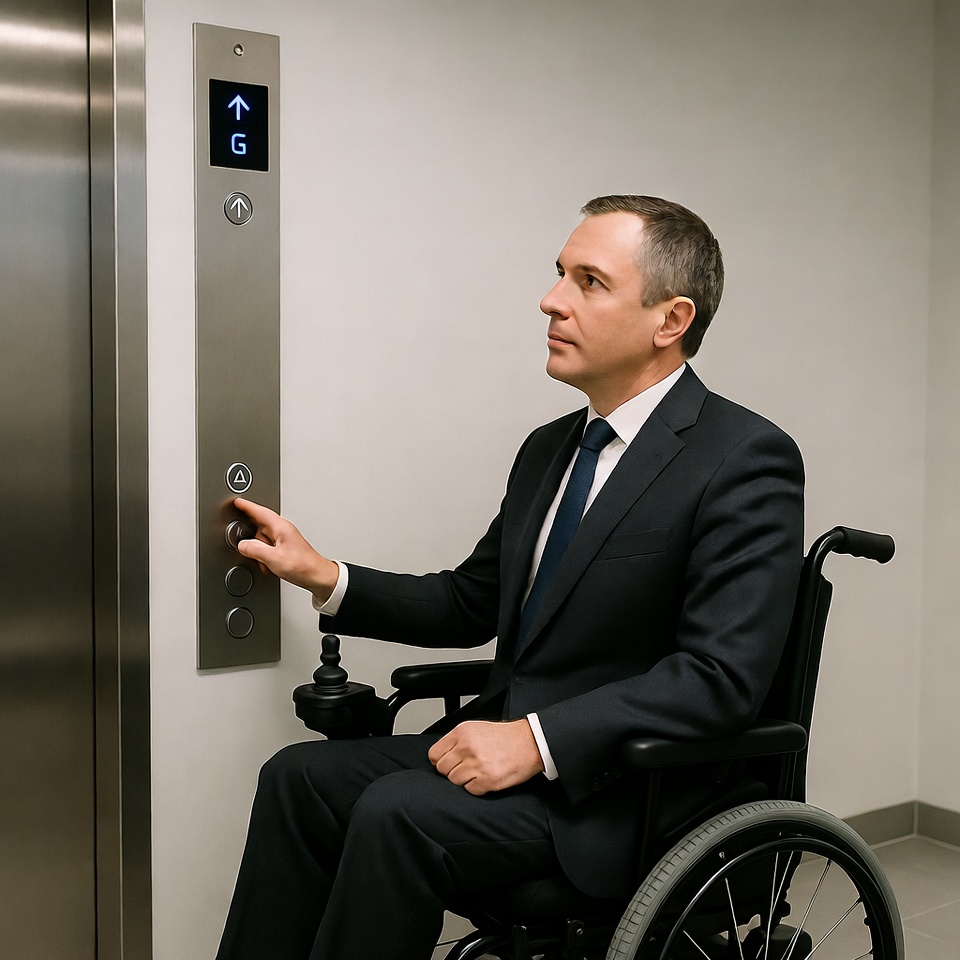 Man in wheelchair pressing elevator button Man in wheelchair pressing elevator button