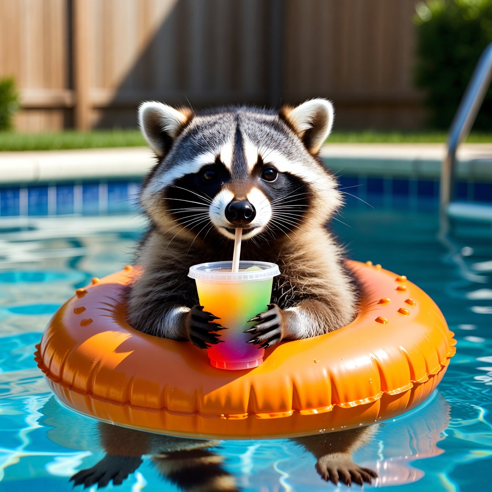 Raccoon floating in pool with drink Raccoon floating in pool with drink