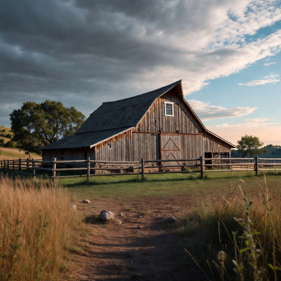Rustic barn under dramatic cloudy sky Rustic barn under dramatic cloudy sky