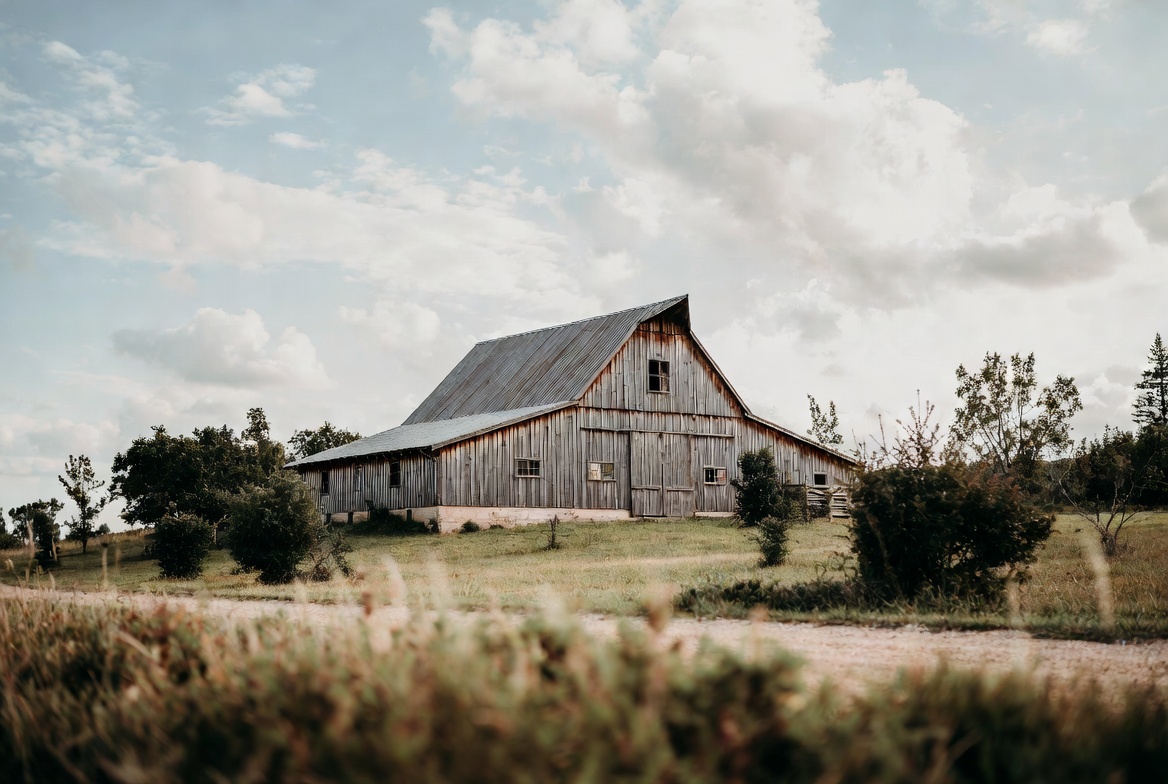 Rustic barn in grassy field Rustic barn in grassy field