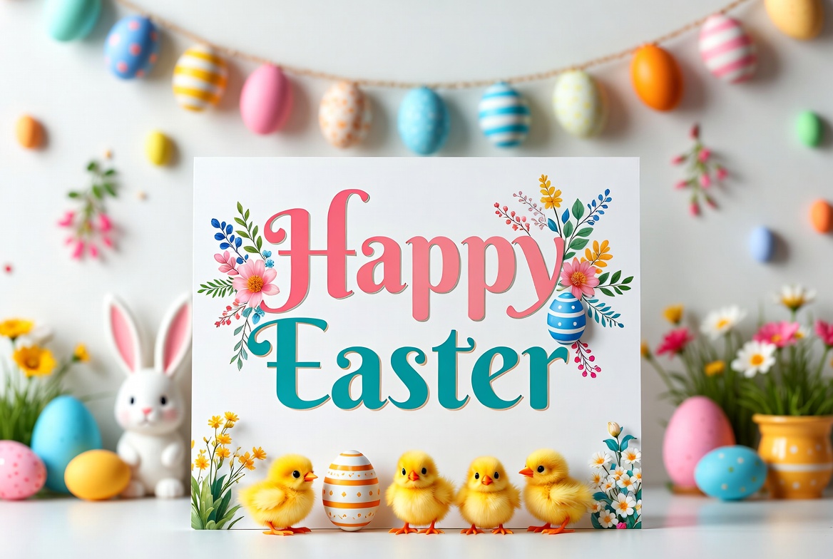 Happy Easter with Bunny Chicks Eggs Happy Easter with Bunny Chicks Eggs