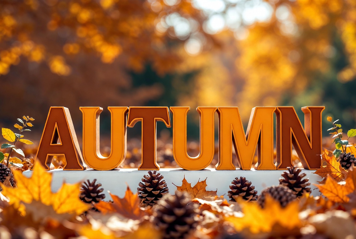 Autumn word with leaves and pinecones Autumn word with leaves and pinecones