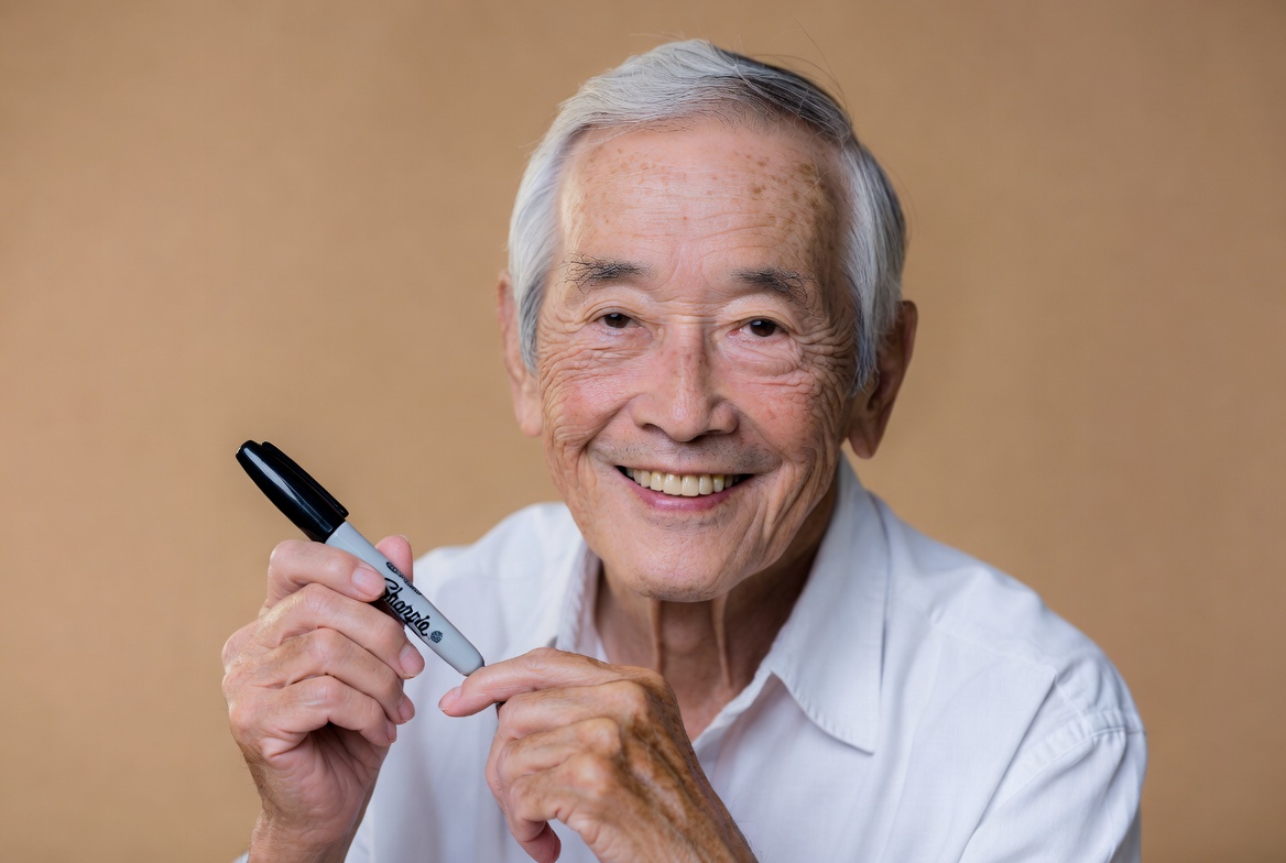 Elderly Asian man holding marker Elderly Asian man holding marker