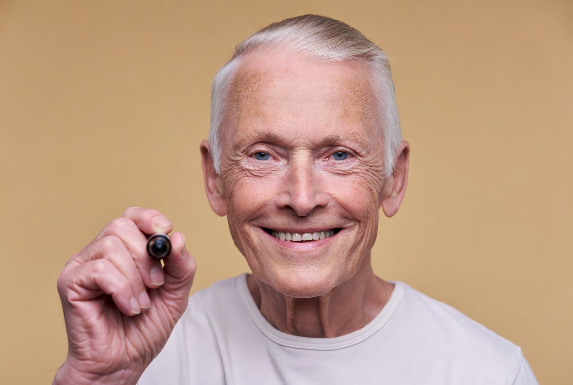 Elderly man holding marker smiling Elderly man holding marker smiling