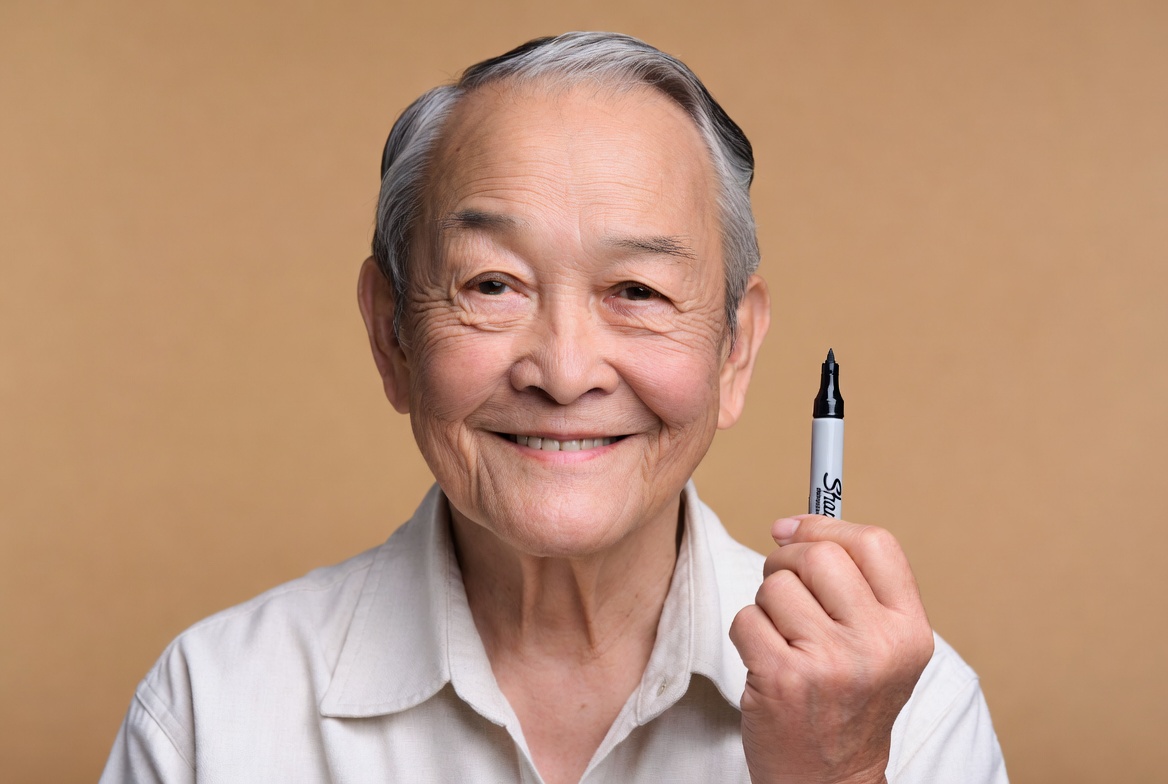 Elderly Asian man holding marker Elderly Asian man holding marker