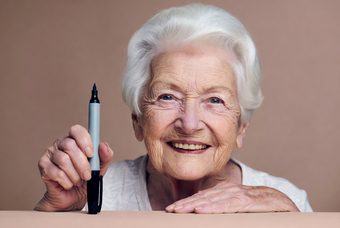 Elderly woman holding marker Elderly woman holding marker