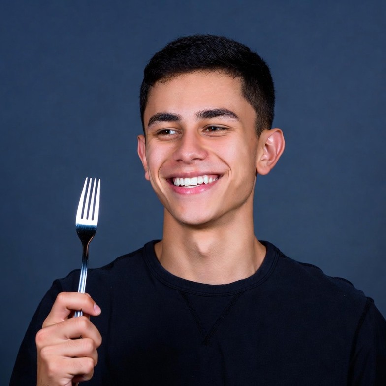 Young man holding fork Young man holding fork