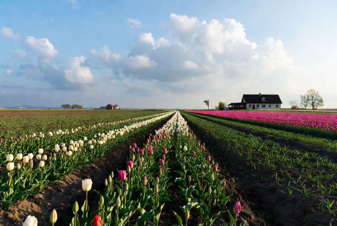 Colorful Tulip Fields with Farmhouse Colorful Tulip Fields with Farmhouse