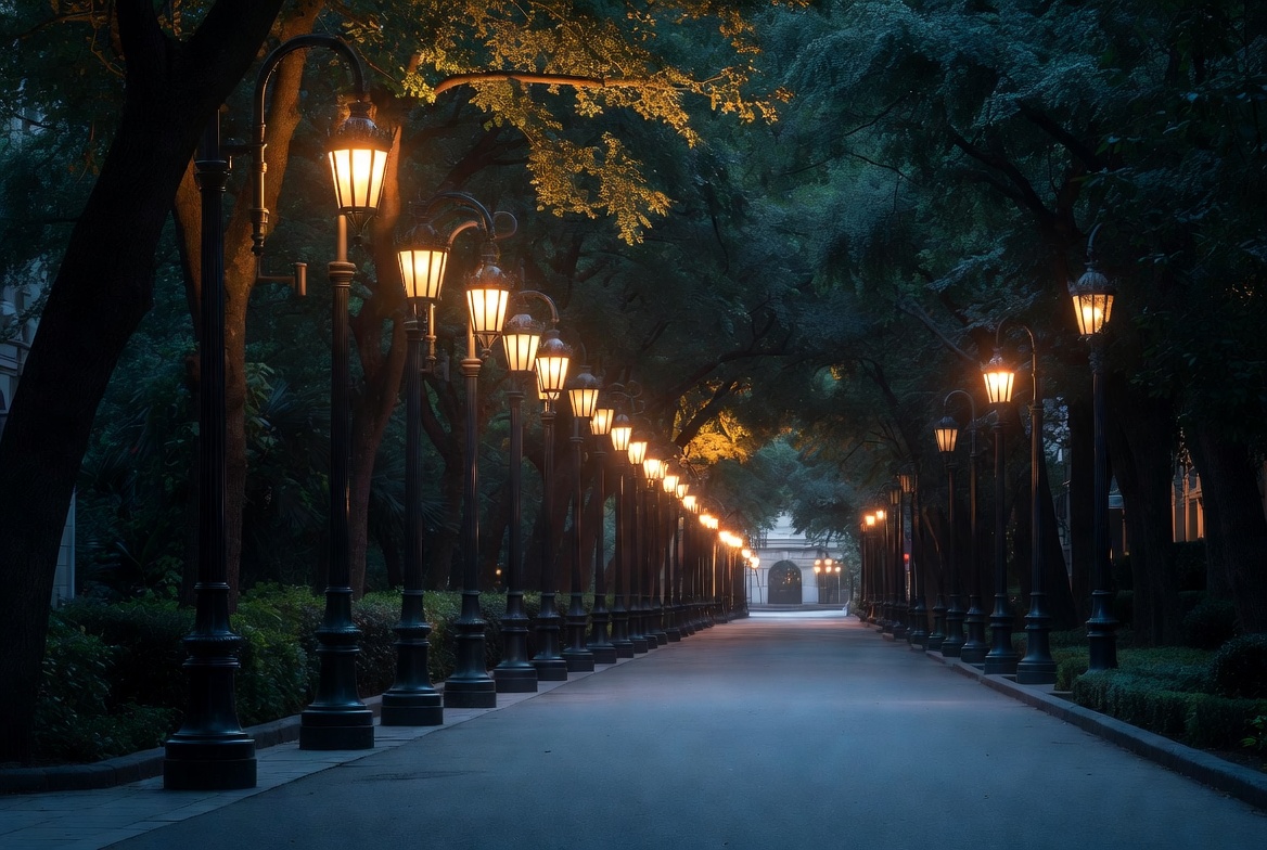 Tree-Lined Path with Glowing Street Lamps Tree-Lined Path with Glowing Street Lamps