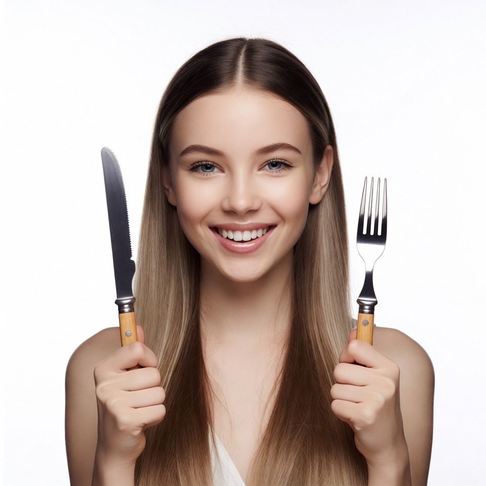 Young woman holding knife and fork Young woman holding knife and fork
