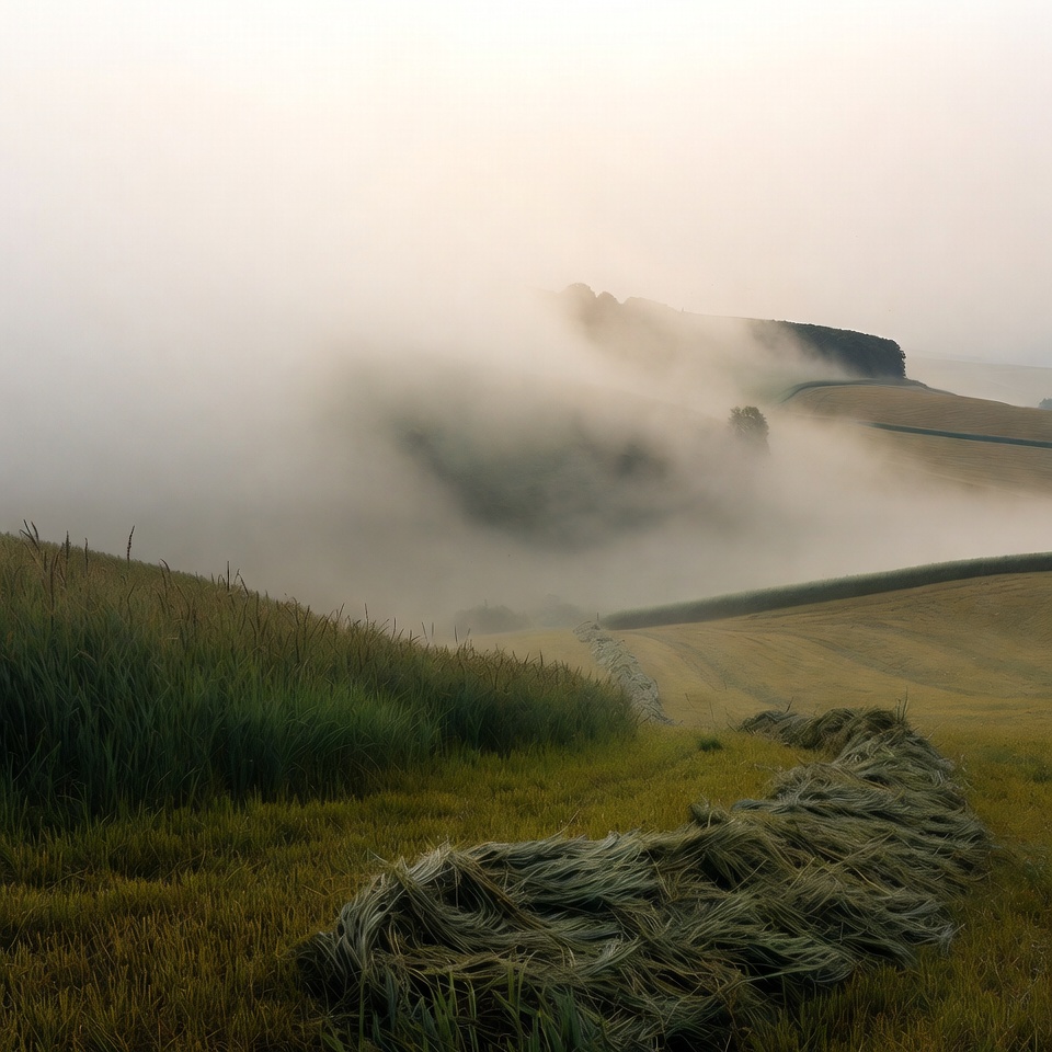 Hay bales in foggy countryside fields Hay bales in foggy countryside fields