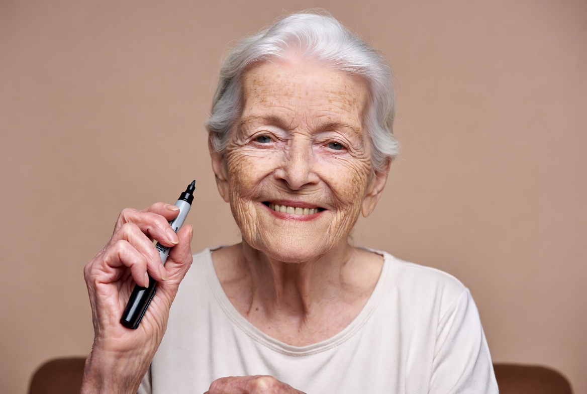 Elderly woman holding black marker Elderly woman holding black marker