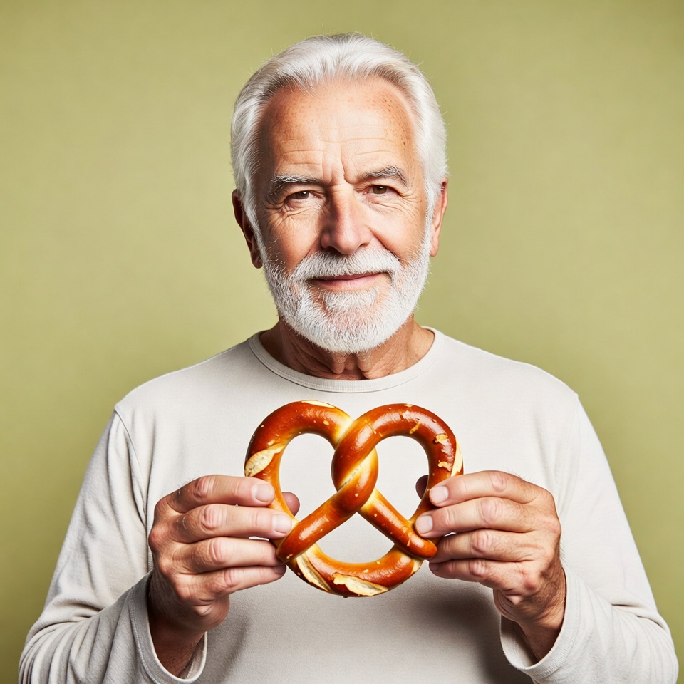 Elderly man holding pretzel Elderly man holding pretzel