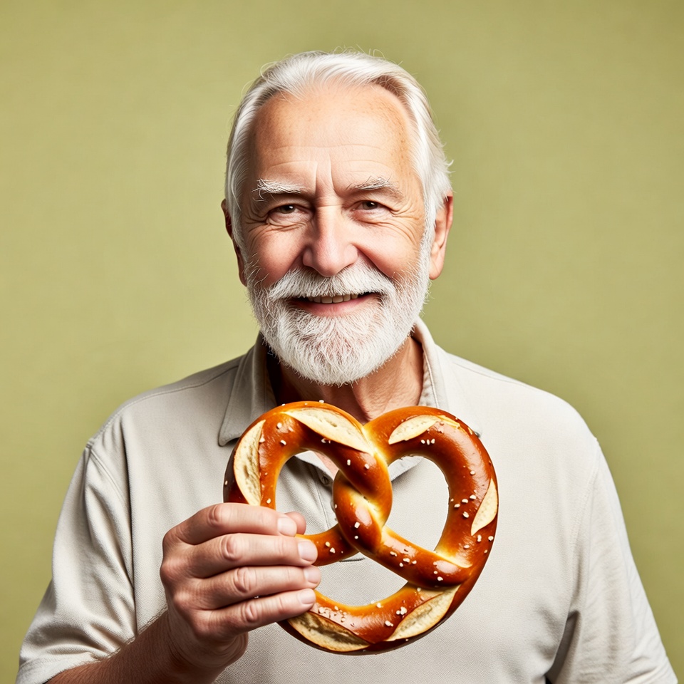 Elderly man holding pretzel Elderly man holding pretzel